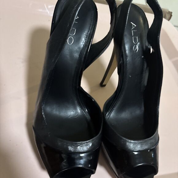 ALDO Women Black Peep Toe Leather Upper Platform High Heel Pump Sz 39 8.5 - Picture 2 of 7